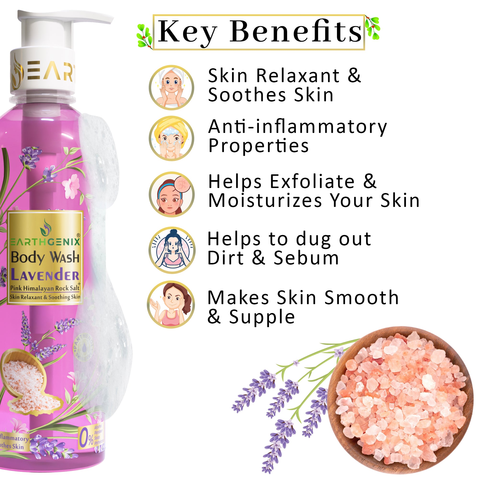 Lavender + Pink Himalayan Rock Salt Body Wash with Free Loofah | For Glowing & Nourished Skin | For All Skin Type