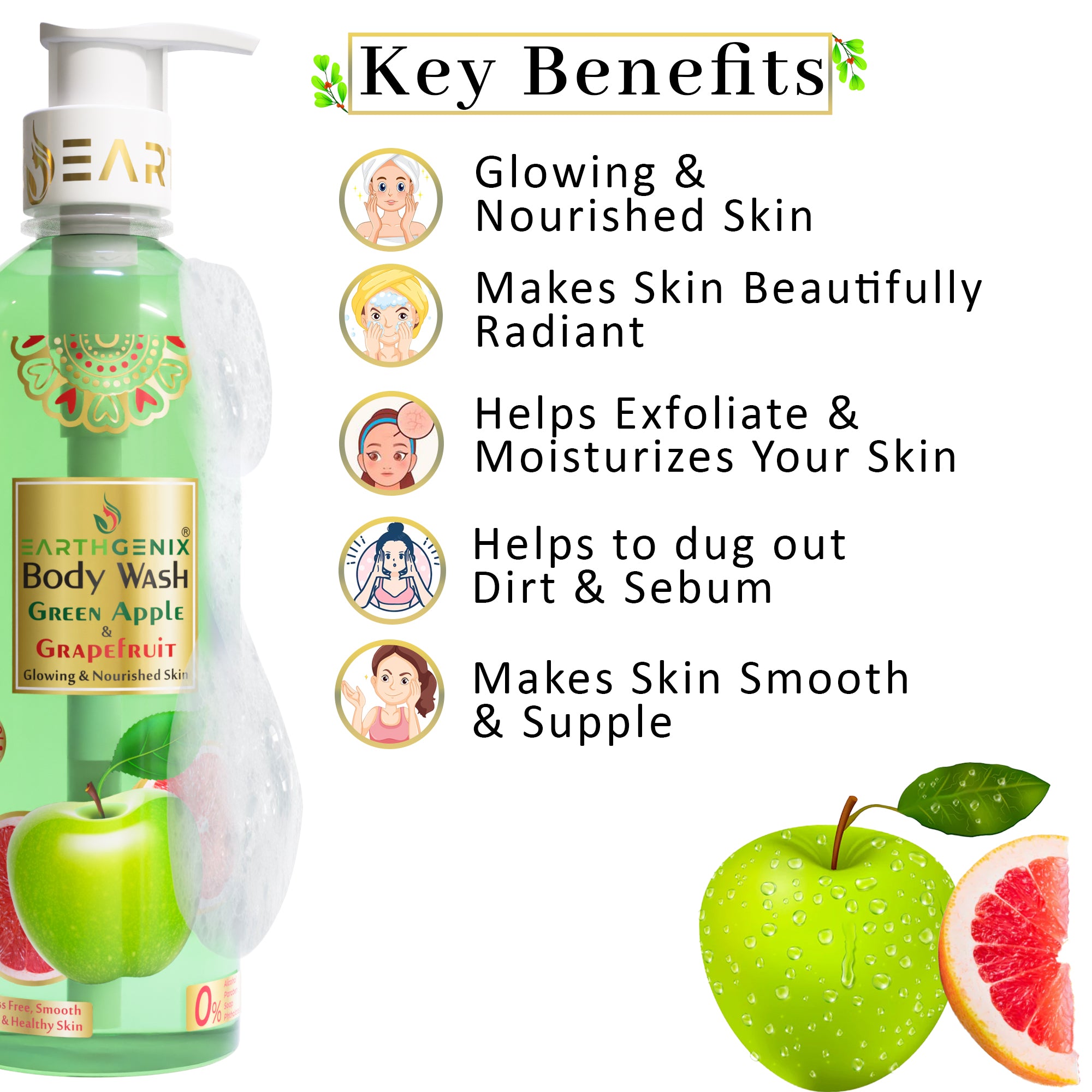 Green Apple & Grape Fruit Body Wash with Free Loofah | For Glowing & Nourished Skin | For All Skin Type