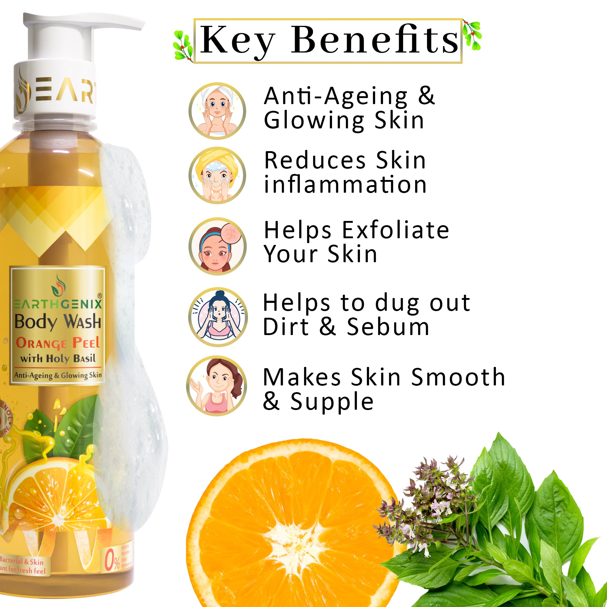 Orange Peel with Holy Basil Body Wash with Free Loofah | For Anti-Ageing & Glowing Skin | All Skin Types | For Men and Women