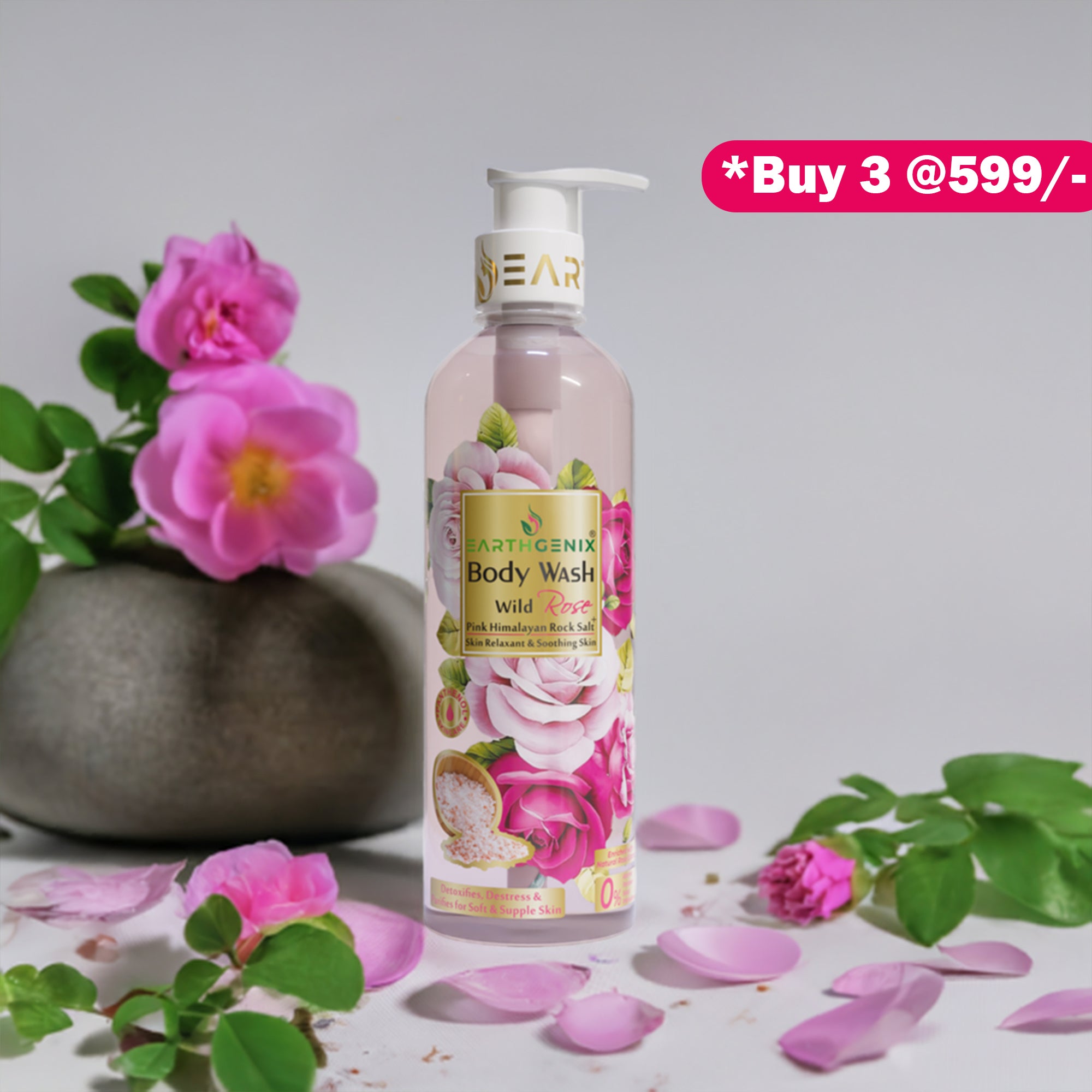 Wild Rose + Pink Himalayan Rock Salt Body Wash with Free Loofah | Detoxifies, Destress & Purifies for Soft & Supple Skin | All Skin Types | For Men and Women