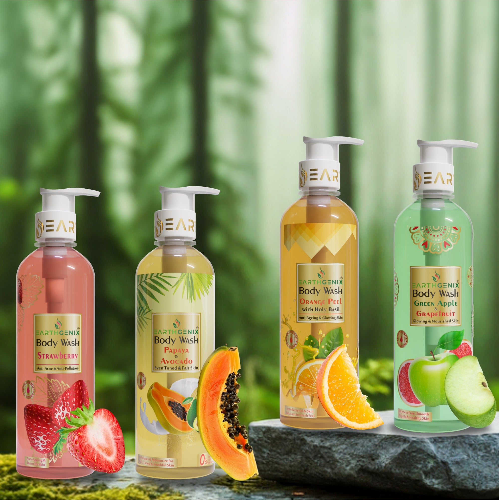 Fruit Infusion Body Wash Collection: Papaya, Strawberry, Orange Peel & Green Apple for Radiant Skin 500ml x 4