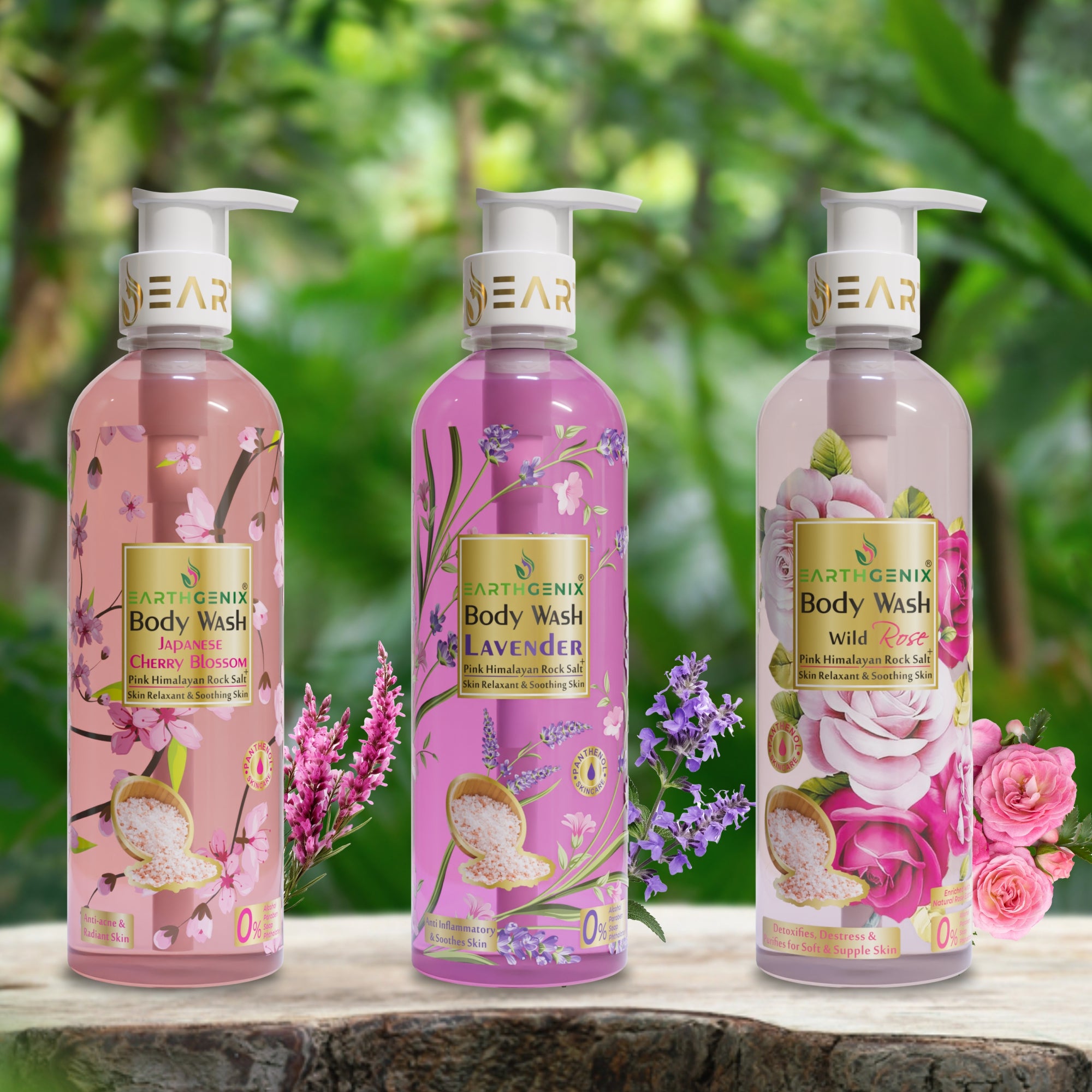 Aromatic Floral Body Wash Trio with Pink Himalayan Rock Salt: Cherry Blossom, Wild Rose & Lavender 500ml x 3