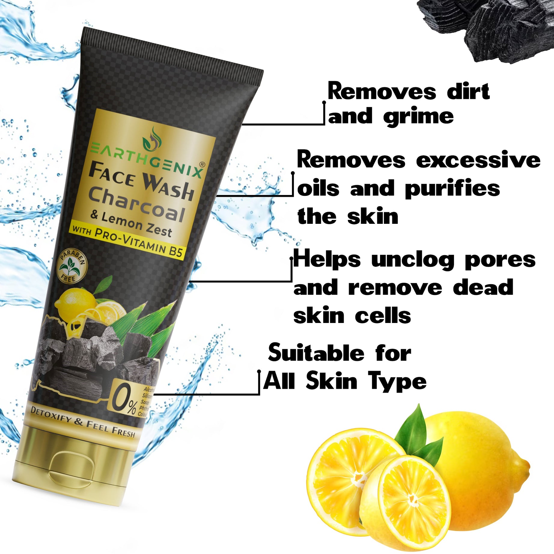 Charcoal & Lemon Zest Face Wash with Pro-Vitamin B5 | Detoxify & Feel Fresh | For Women & Men | For All Skin Types