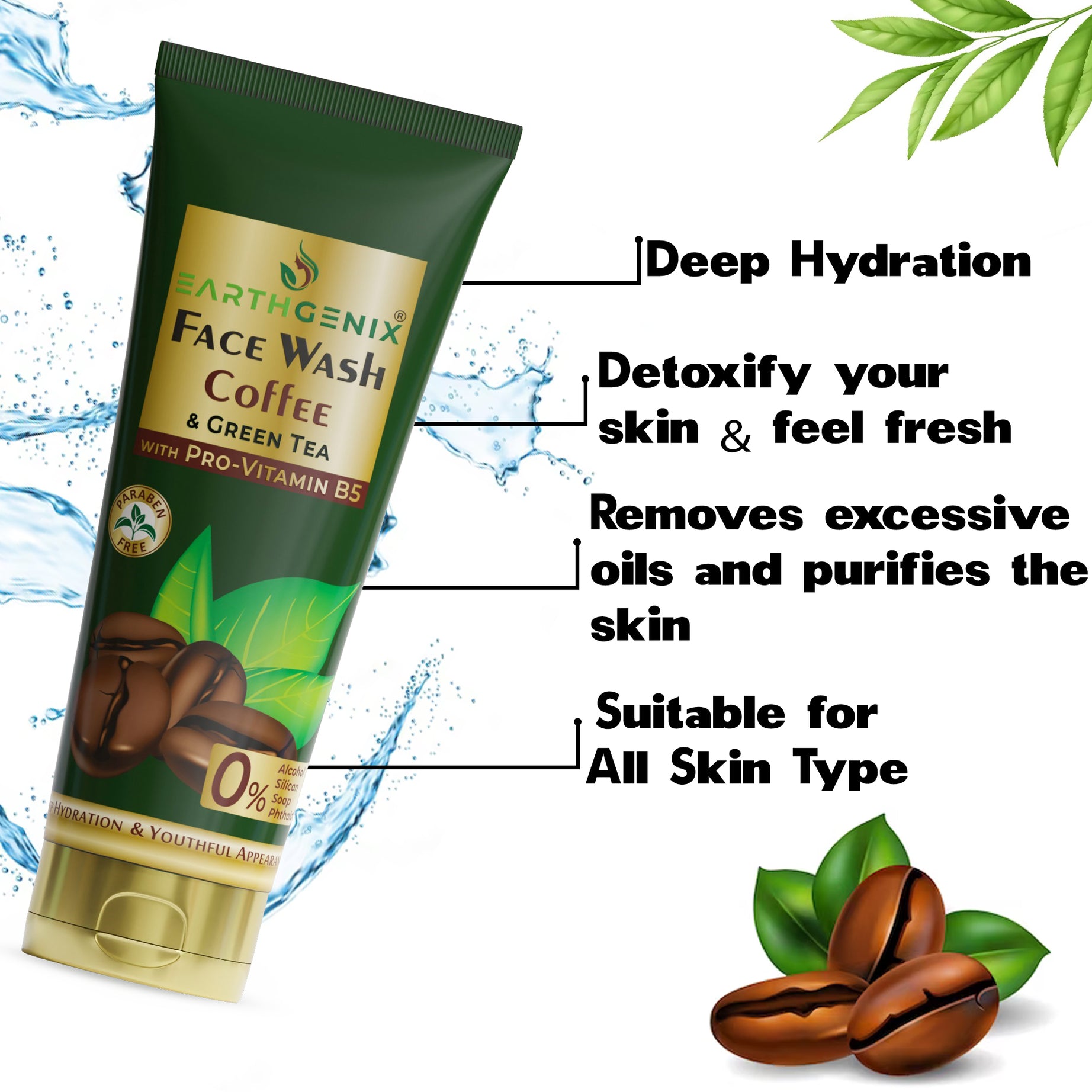 Earthgenix Coffee & Green Tea Face Wash with Pro-Vitamin B5 | For Deep Hydration & Youthful Appearance | For Women & Men | For All Skin Types