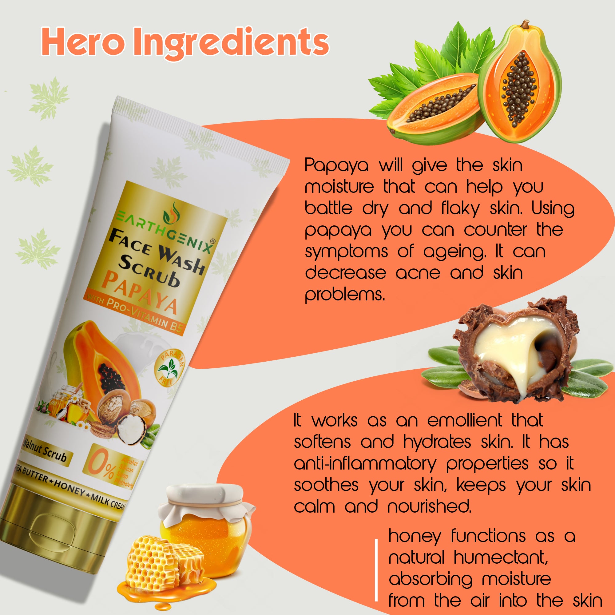 Papaya Face Wash Scrub with Pro Vitamin B5 | Enriched with Shea Butter, Honey & Milk Cream