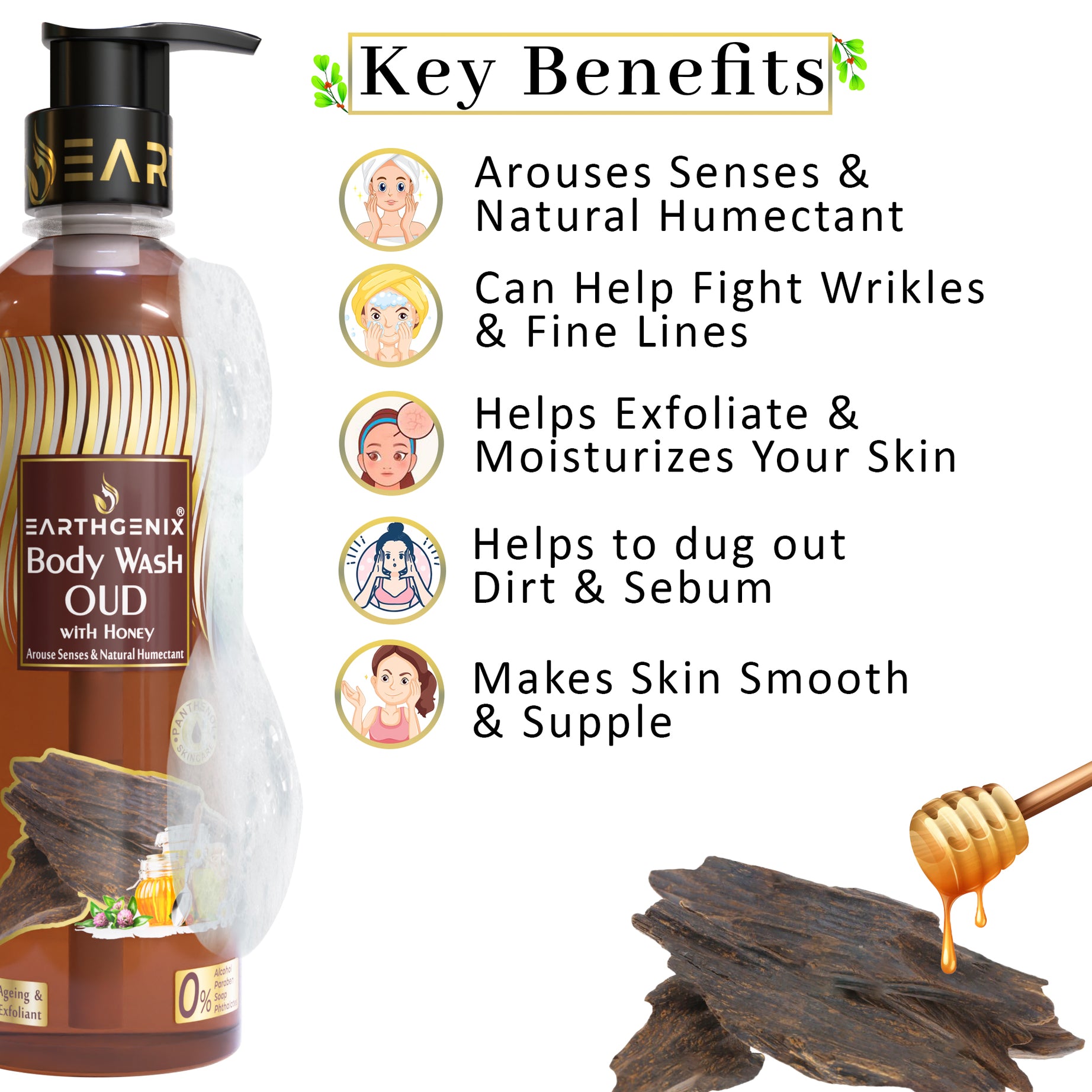 OUD With Honey Body Wash with Free Loofah | For Anti Ageing & Skin Exfoliant | All Skin Types | For Men and Women