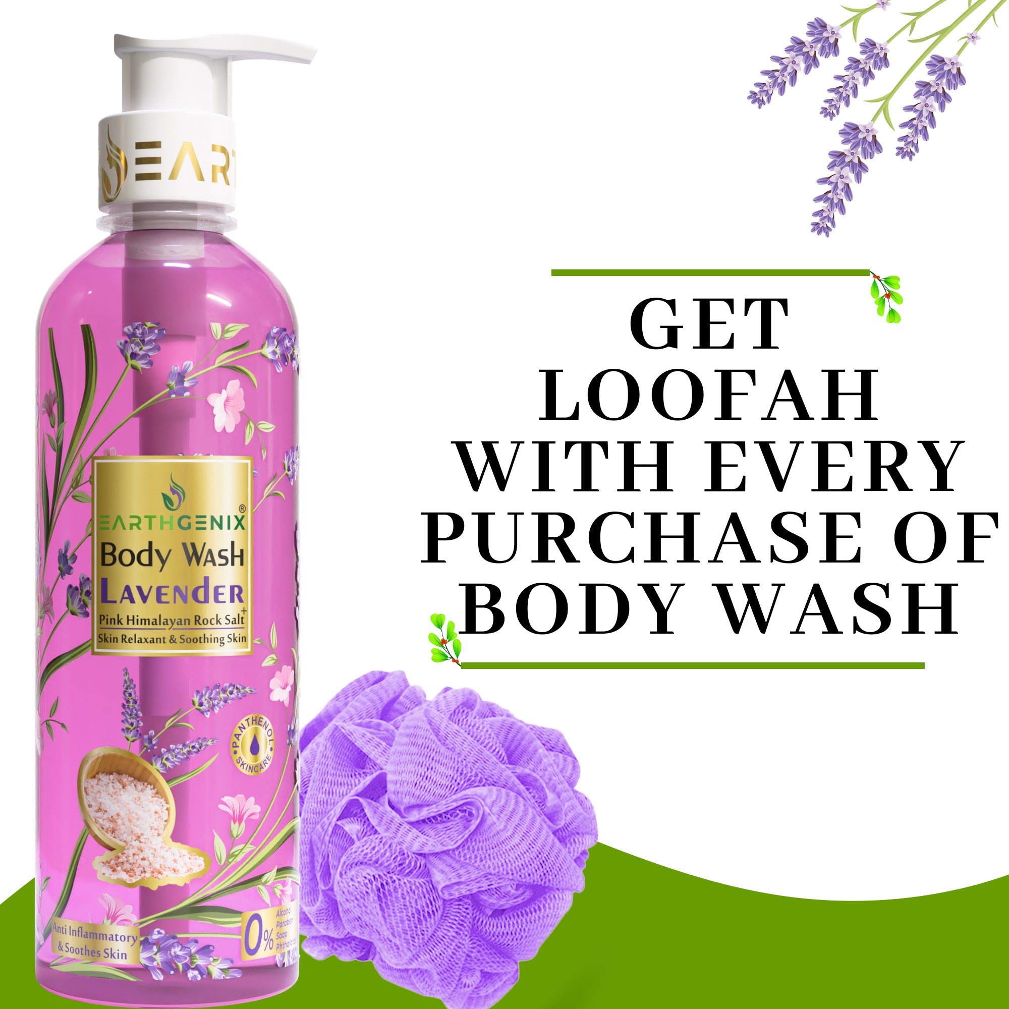 Lavender + Pink Himalayan Rock Salt Body Wash with Free Loofah | For Glowing & Nourished Skin | For All Skin Type