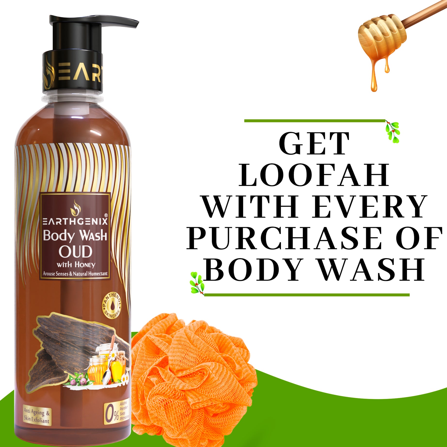 OUD With Honey Body Wash with Free Loofah | For Anti Ageing & Skin Exfoliant | All Skin Types | For Men and Women