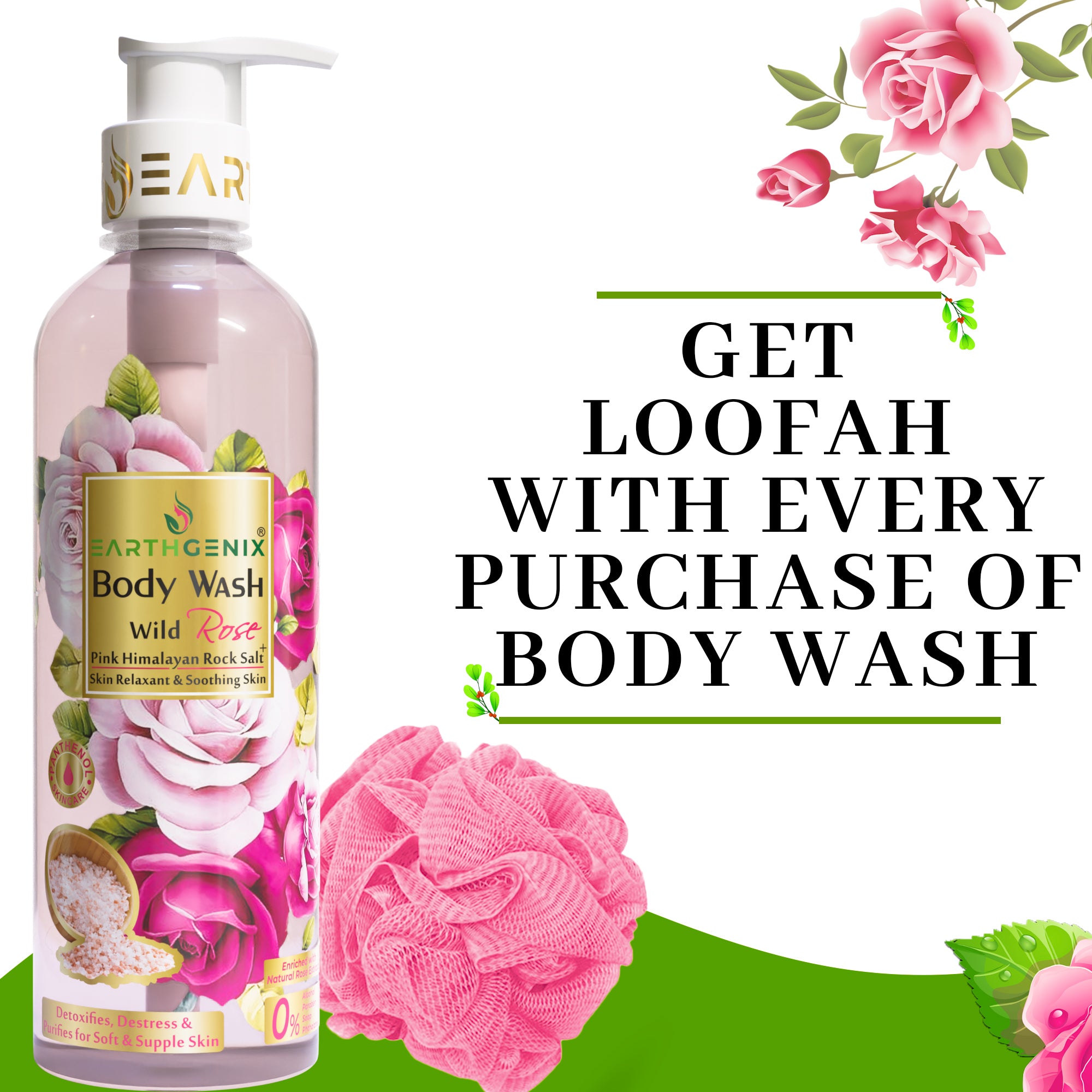 Wild Rose + Pink Himalayan Rock Salt Body Wash with Free Loofah | Detoxifies, Destress & Purifies for Soft & Supple Skin | All Skin Types | For Men and Women