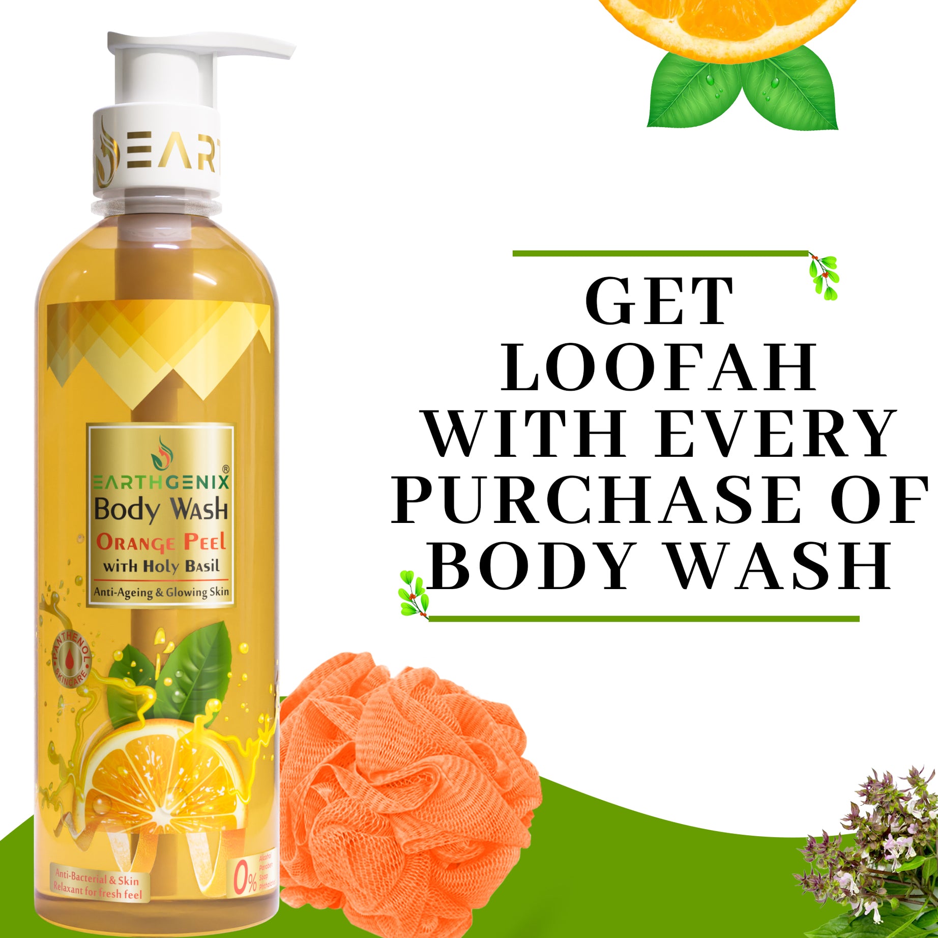 Orange Peel with Holy Basil Body Wash with Free Loofah | For Anti-Ageing & Glowing Skin | All Skin Types | For Men and Women