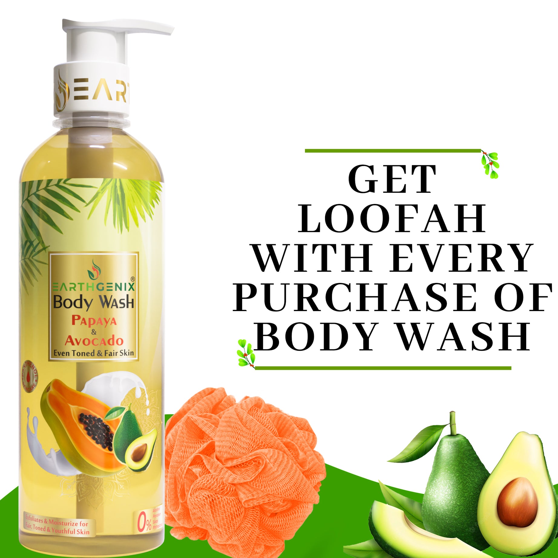Papaya & Avocado Body Wash with Free Loofah | For Even Toned & Fair Skin | All Skin Types | For Men and Women