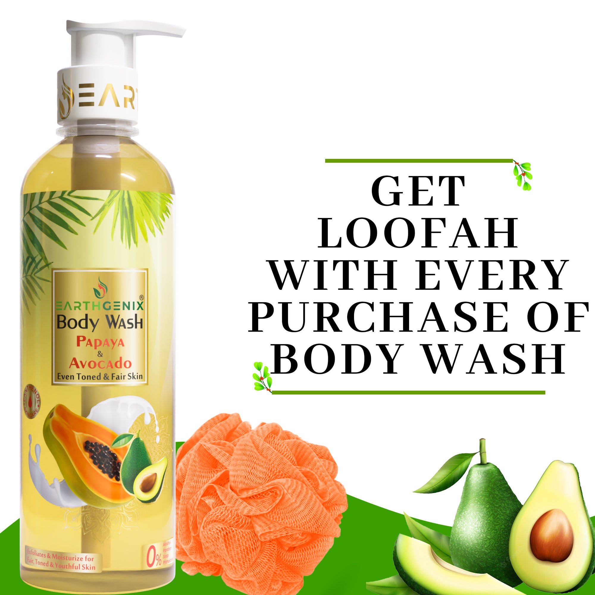 Papaya & Avocado Body Wash with Free Loofah | For Even Toned & Fair Skin | All Skin Types | For Men and Women