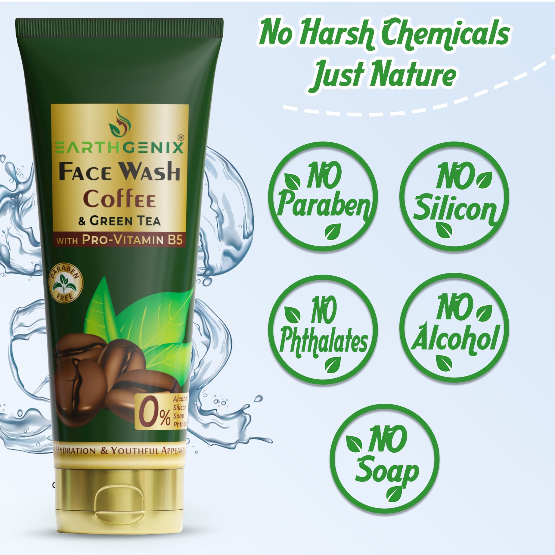 Earthgenix Coffee & Green Tea Face Wash with Pro-Vitamin B5 | For Deep Hydration & Youthful Appearance | For Women & Men | For All Skin Types