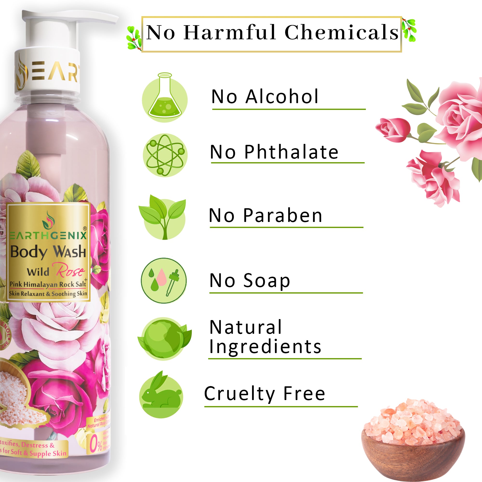 Wild Rose + Pink Himalayan Rock Salt Body Wash with Free Loofah | Detoxifies, Destress & Purifies for Soft & Supple Skin | All Skin Types | For Men and Women