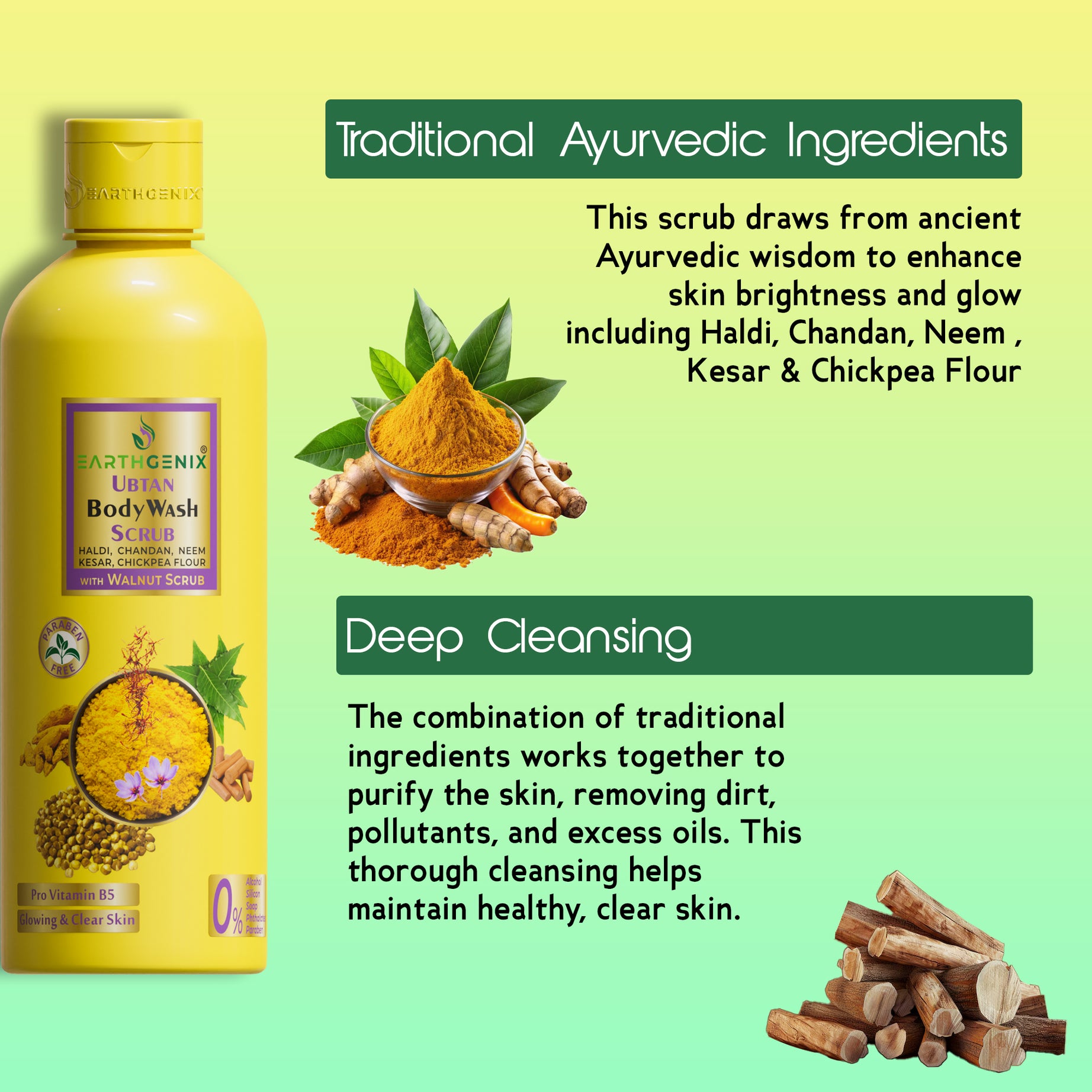 Ubtan Body Wash Scrub with Pro Vitamin B5 | Haldi, Chandan, Neem, Kesar, Chickpea flour | Walnut Scrub