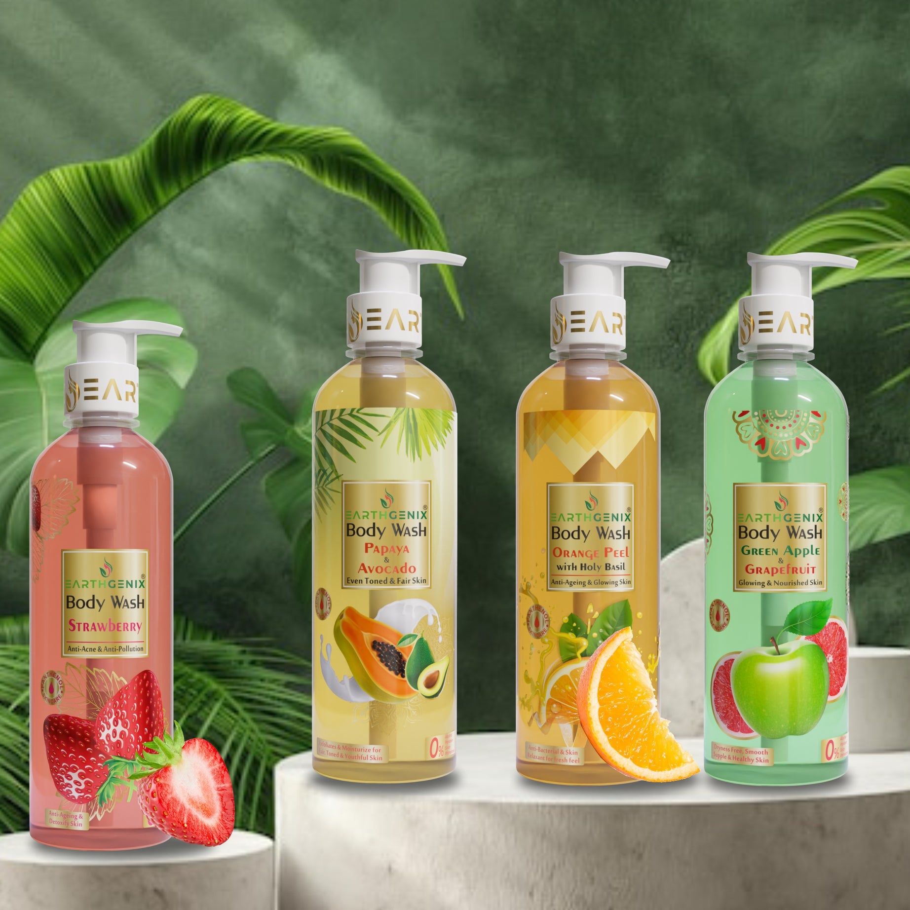 Fruit Infusion Body Wash Collection: Papaya, Strawberry, Orange Peel & Green Apple for Radiant Skin 500ml x 4