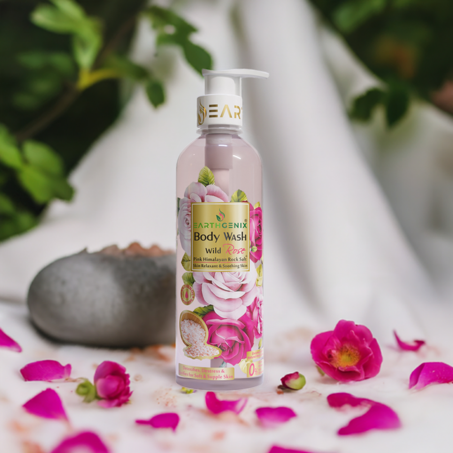 Wild Rose + Pink Himalayan Rock Salt Body Wash with Free Loofah | Detoxifies, Destress & Purifies for Soft & Supple Skin | All Skin Types | For Men and Women