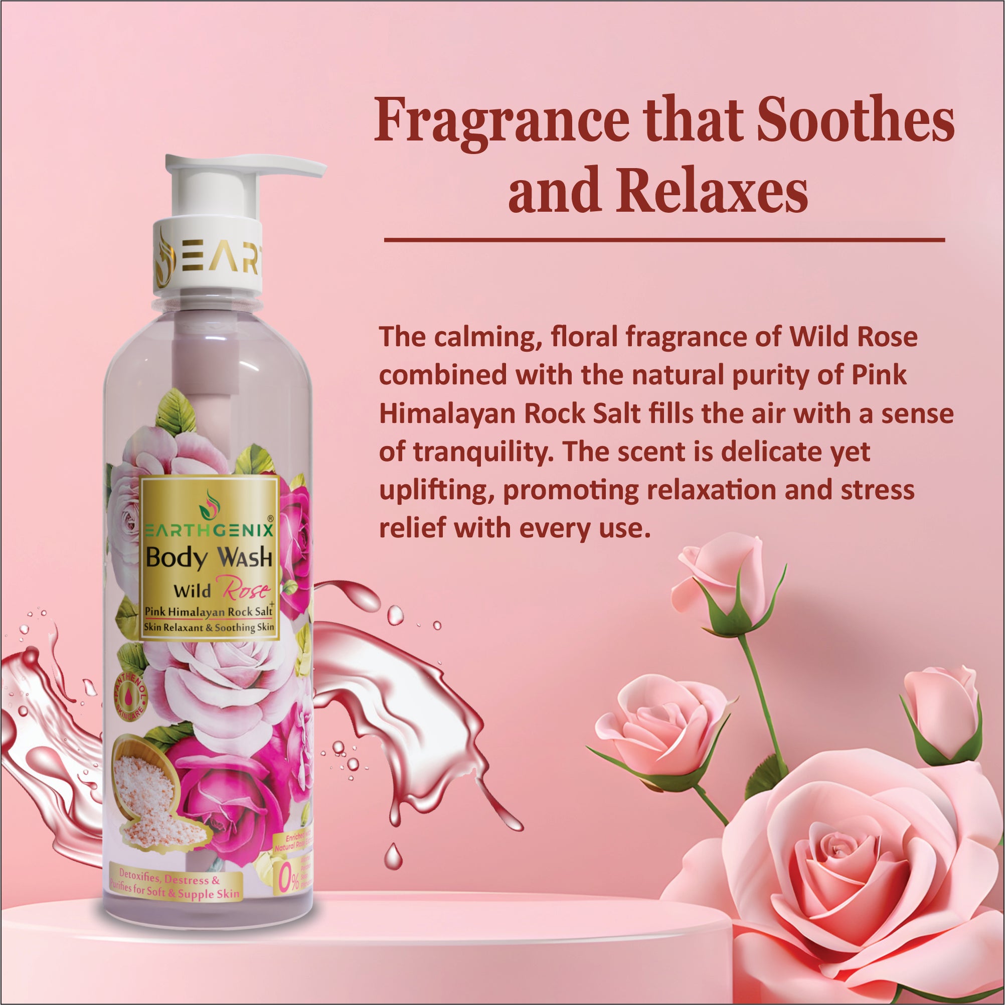 Wild Rose + Pink Himalayan Rock Salt Body Wash with Free Loofah | Detoxifies, Destress & Purifies for Soft & Supple Skin | All Skin Types | For Men and Women